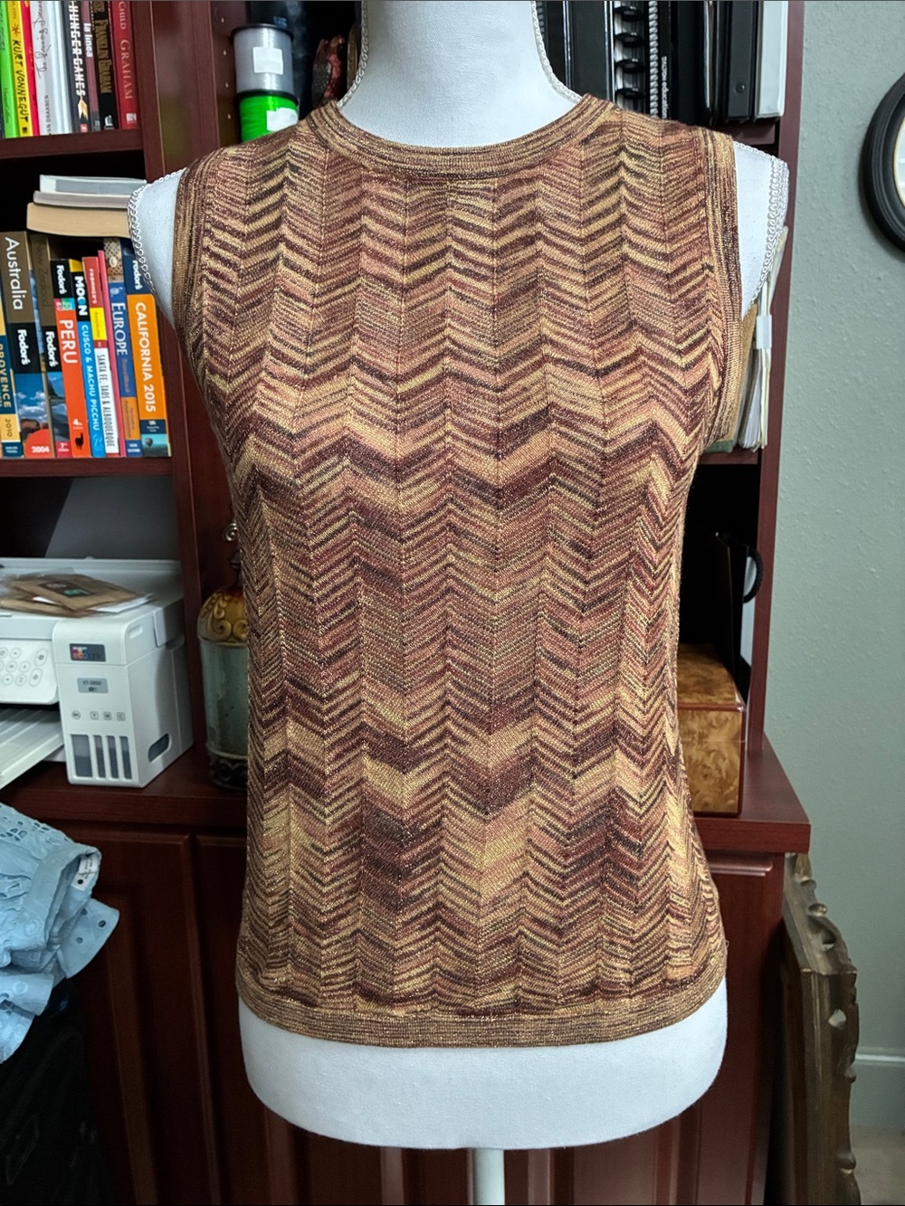 Missoni Sleeveless Chevron Knit Tank in Brown & Gold